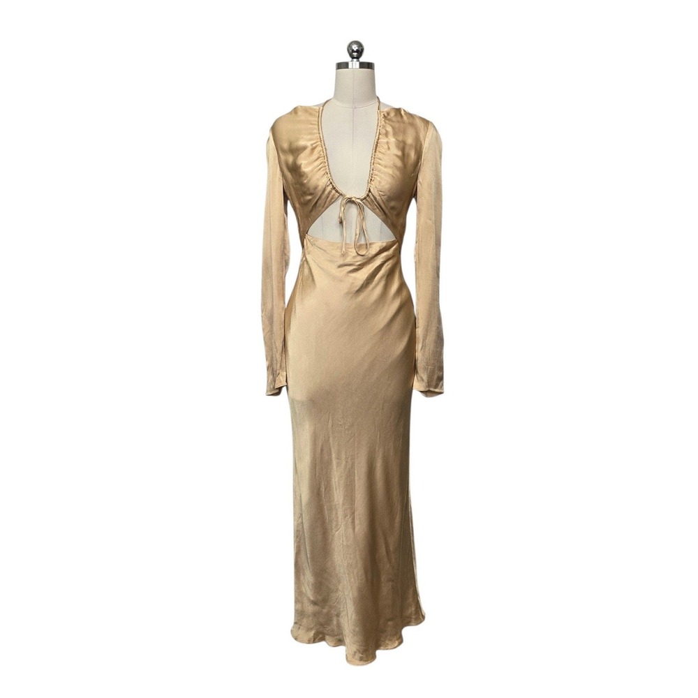 Shona Joy Gold Satin Cutout Plunge Maxi Dress Long Sleeve Formal Size 2